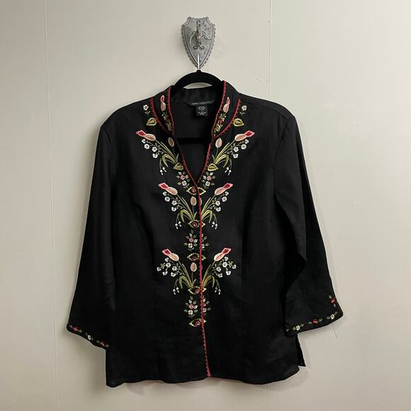 Vintage XL 100% linen coastal summer boho chic floral black Anne Carson button - Picture 1 of 7